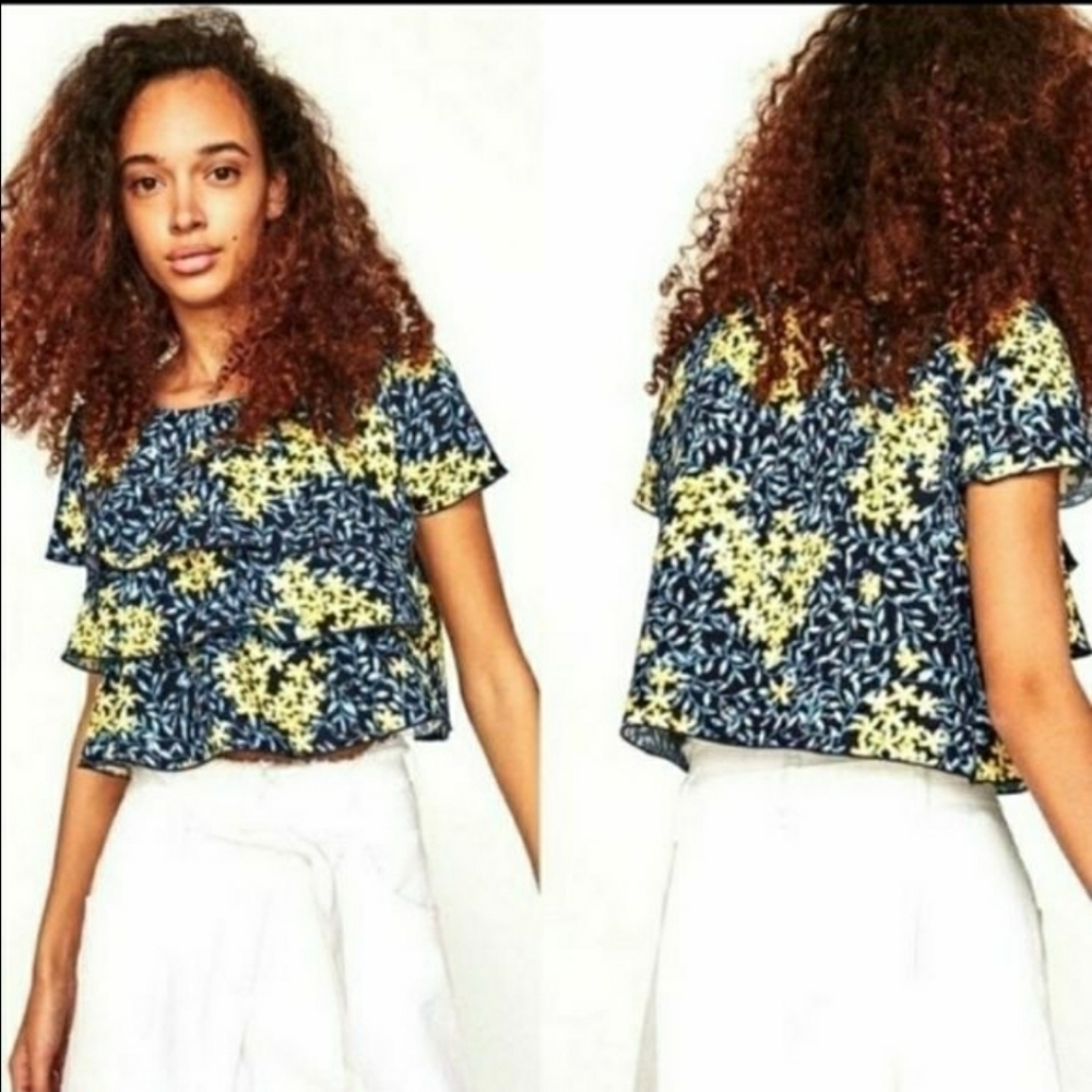 ZARA Floral Tiered Ruffle Crop Top Large
